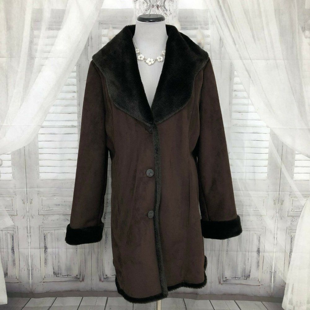 Vintage Calvin Klein Women's Large Solid Long Faux Fur Coat Collar Suede Heavy